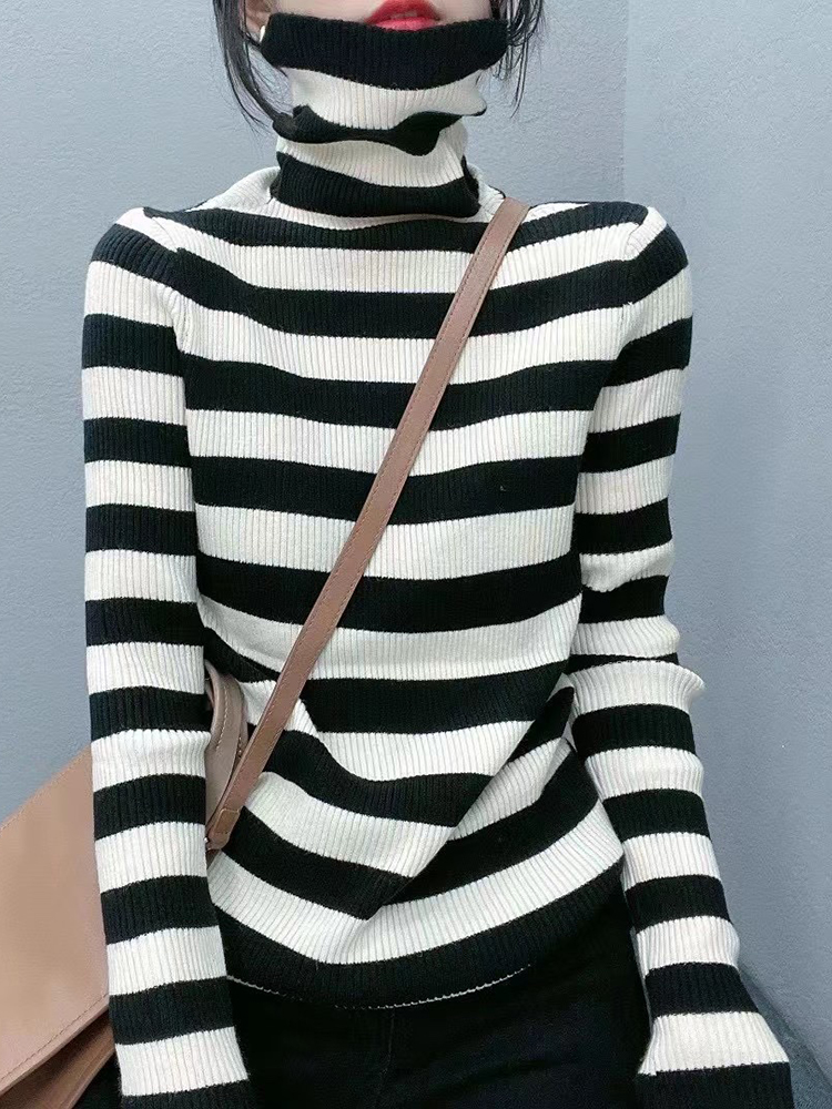 ZOKI Autumn Women Pullover Sweater Fashion Striped Knitted Turtleneck Sweater Casual Slim High Elastic Ladies Jumper News alx