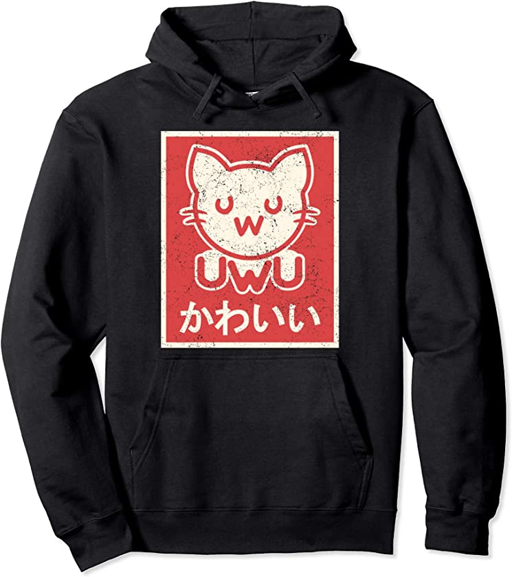 Retro Vintage Japanese UwU Cat Poster – Cute Kawaii Kitten Pullover Hoodie