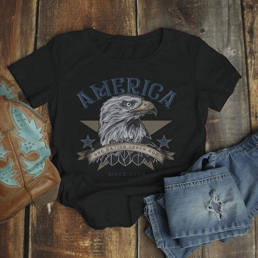 Women’s America T Shirt Eagle Shirts One Nation Under God Graphic Tee Vintage 4th July TShirt