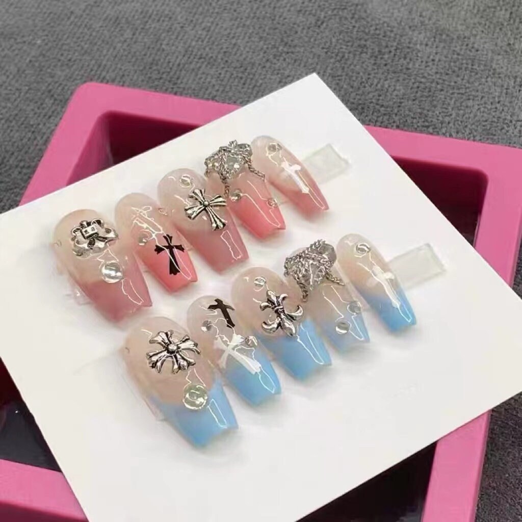 Pink& blue French Press On nails/Chrome style nails/Coffin Fake nails #310