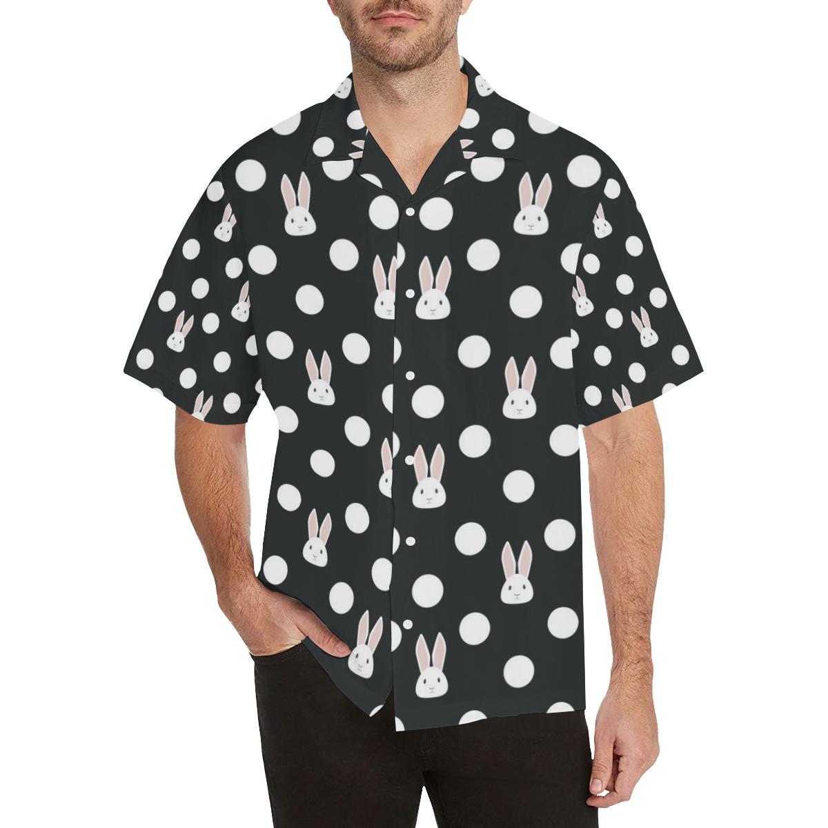 Cute white rabbit polka dots black background Men’s All Over Print Hawaiian Shirt