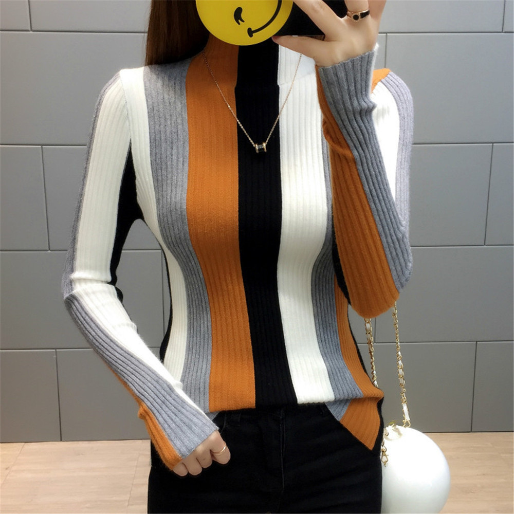 2020 Long Sleeve Winter Clothes Turtleneck Knitwear Slim Women Jumper Rainbow Stripe Sweater Contrast Knitted Pullover alx