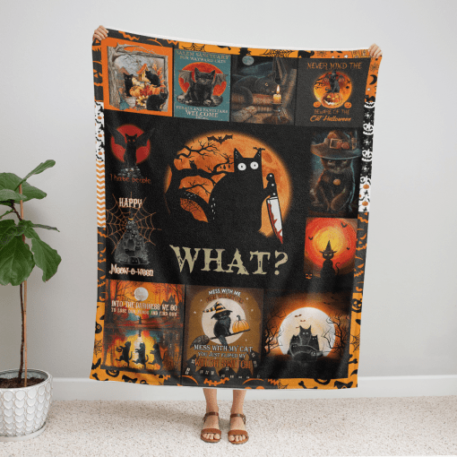 Murderous Cat With Knife Witch Hat Black Cat Bats Full Moon Halloween Blanket