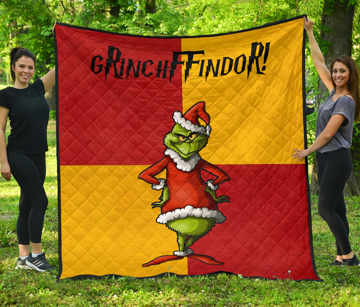 Christmas Premium Quilt | Grinchffindor Grinch Hogwarts Gryffindor Red Yellow Quilt Blanket