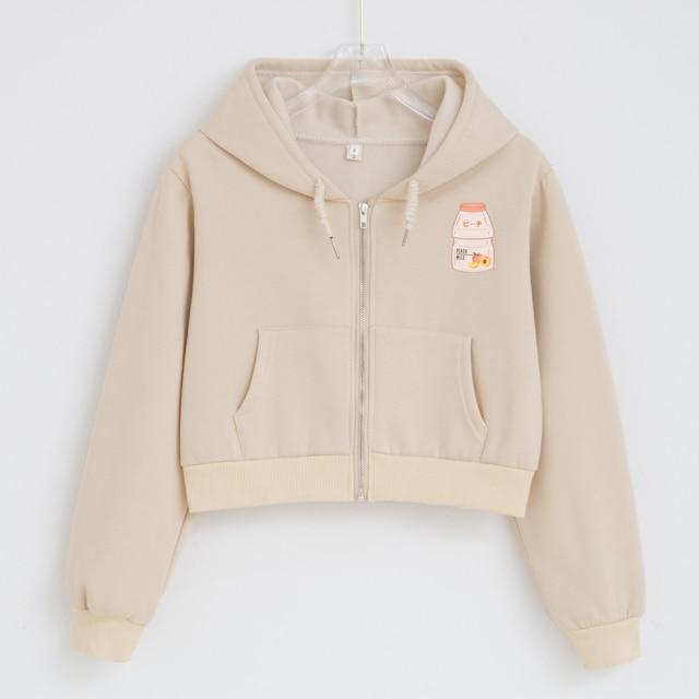 Peach Yogurt Bottle Cropped Zip Up Soft Hoodies