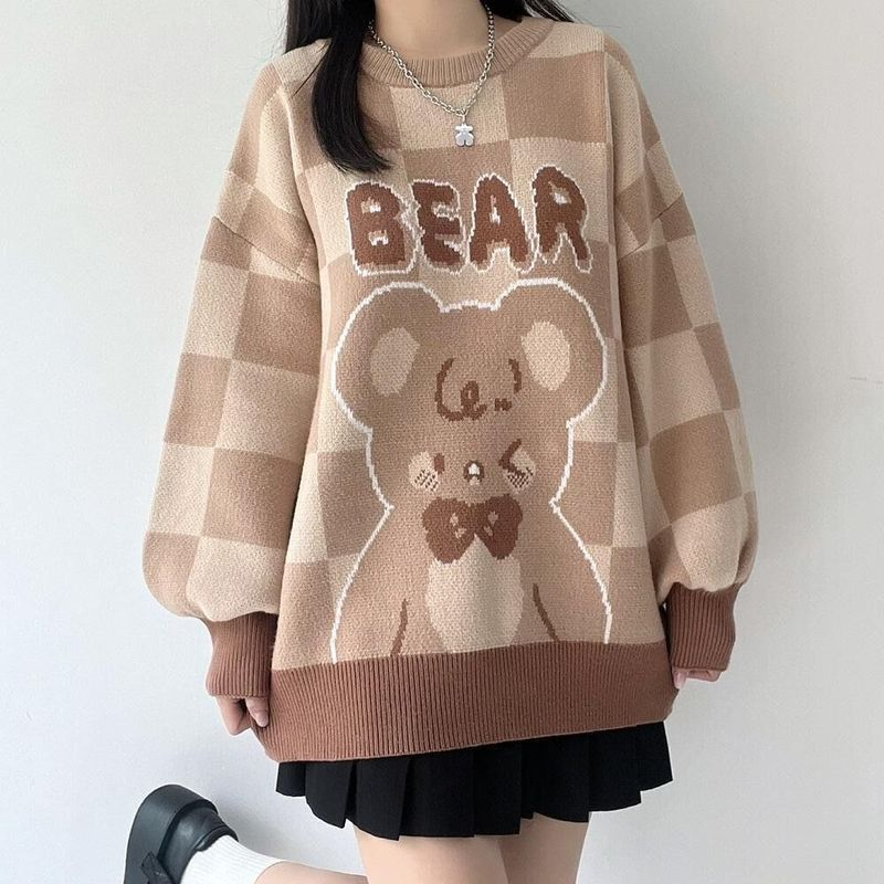 Winter Japanese Bear Jacquard Round Neck Loose Retro Sweater Cute Soft Sister Sweater Girl Student Korean Knit Fashion Sweater alx