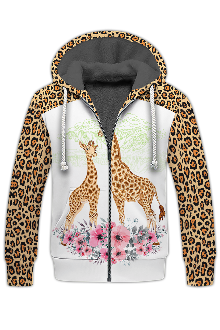 Mother And Son Giraffe Pink Flowers Fleece Zip Hoodie All Over Print | For Men & Women | Fz126