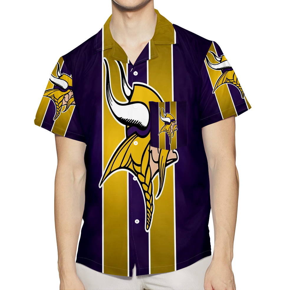 Minnesota Vikings Emblem Stripe 3D All Over Print Summer Beach Hawaiian Shirt With Pocket