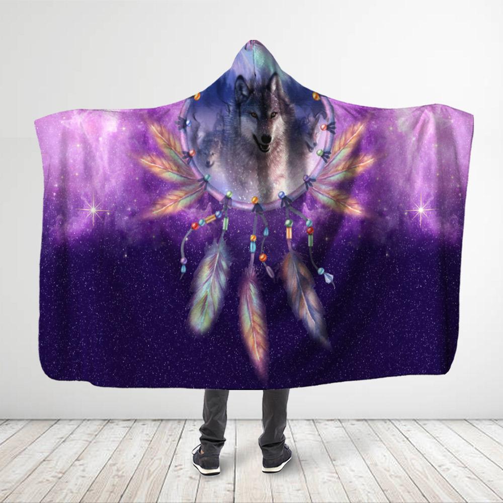 ViticStore™ Aborigine Style 3D All Over Printed Gray Wolf Dreamcatcher – Galaxy Purple Hooded Blanket