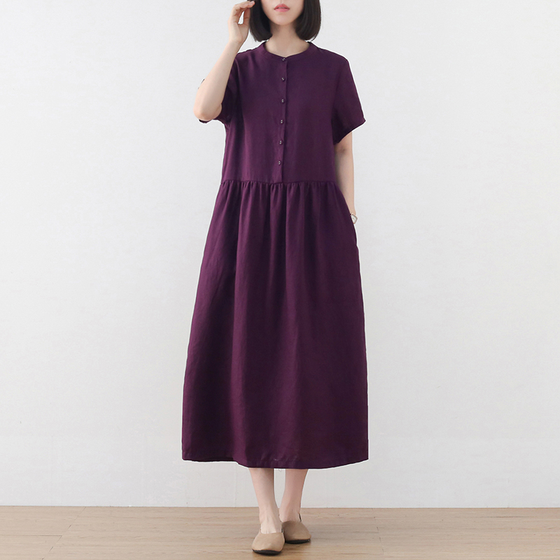 2022 New Arrival Short Sleeve Cotton Linen Fashion Purple Summer Dress Office Lady Work Dress Women Casual Midi Dress alx