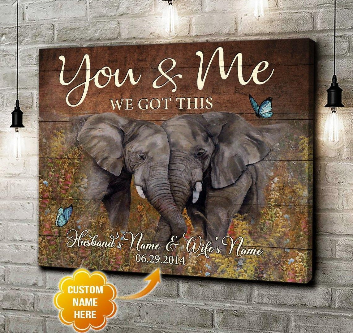 Personalized Name Text Canvas, Poster Animal Wall Print Art Decor Elephant You And Me