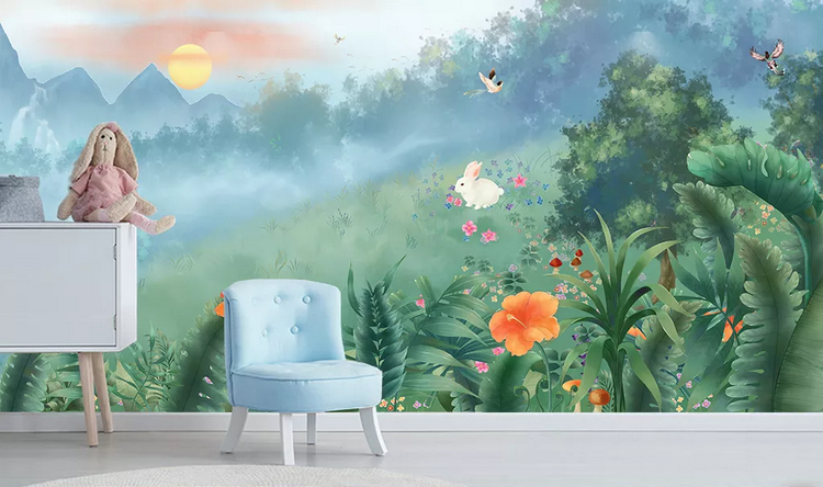 3D Mountain Forest Plants Flower Rabbit Wall Mural Wallpaper 364