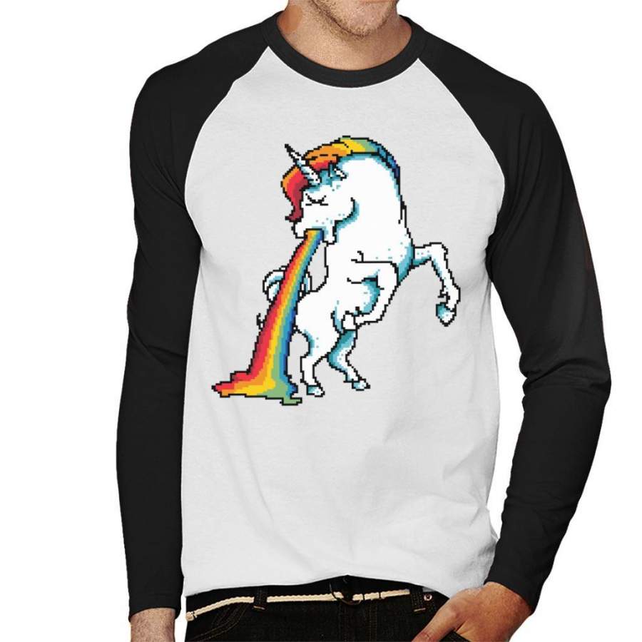 Unicorn Vomiting Rainbow Pixel Art Men’s Baseball Long Sleeved T-Shirt