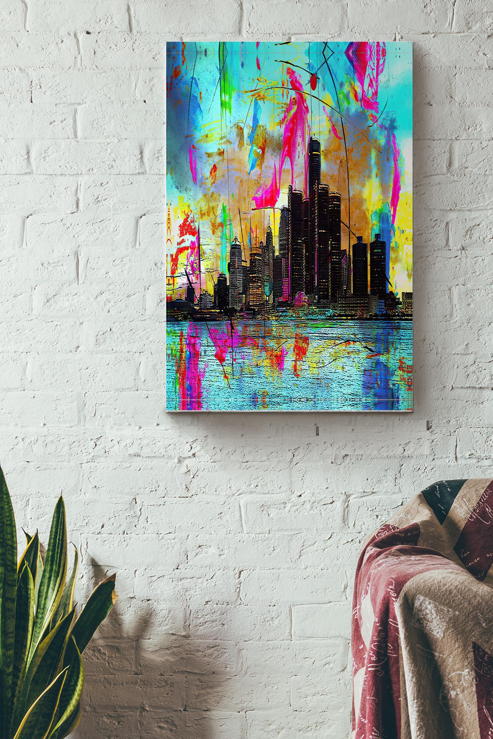 Abstract Detroit Skyline Poster – Painting Wall Art – Gift For American, Housewarming, Home Decor Wrapped Canvas