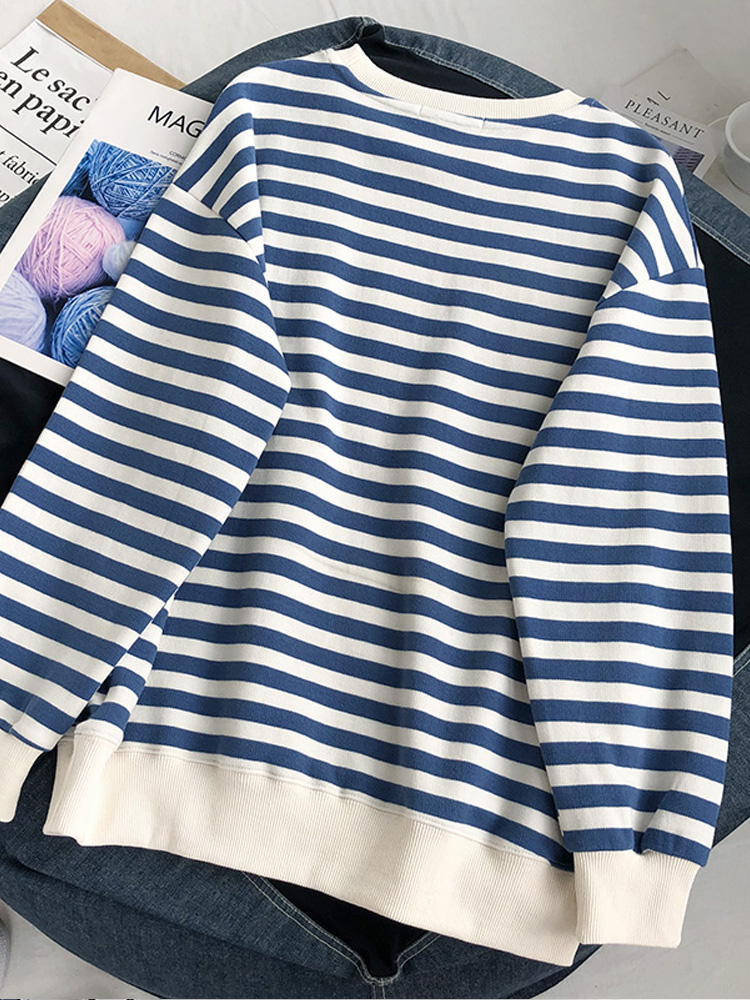 cotton stripe long sleeve Pullovers oversized harajuku hoodie spring autumn clothes sweatshirt women korean blue streetwear tops alx