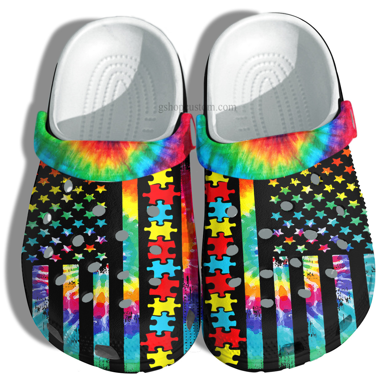Autism Awareness Usa Flag Puzzle Crocs Shoes Gift For Son Daughter – Hippie America Flag Autism Shoes Croc Clogs – Cr-Ne0111