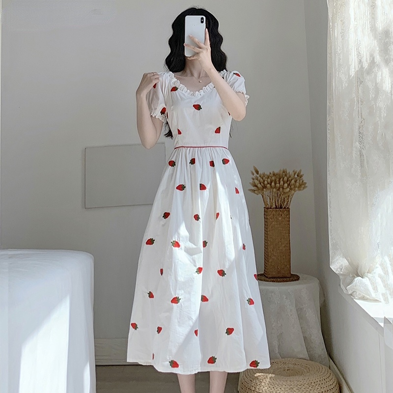 Summer Women White Cute Midi Dress Chic V Neck Sweet Embroidery Strawberry Dress Short Sleeve Girl Cotton Elegant Party Dresses alx