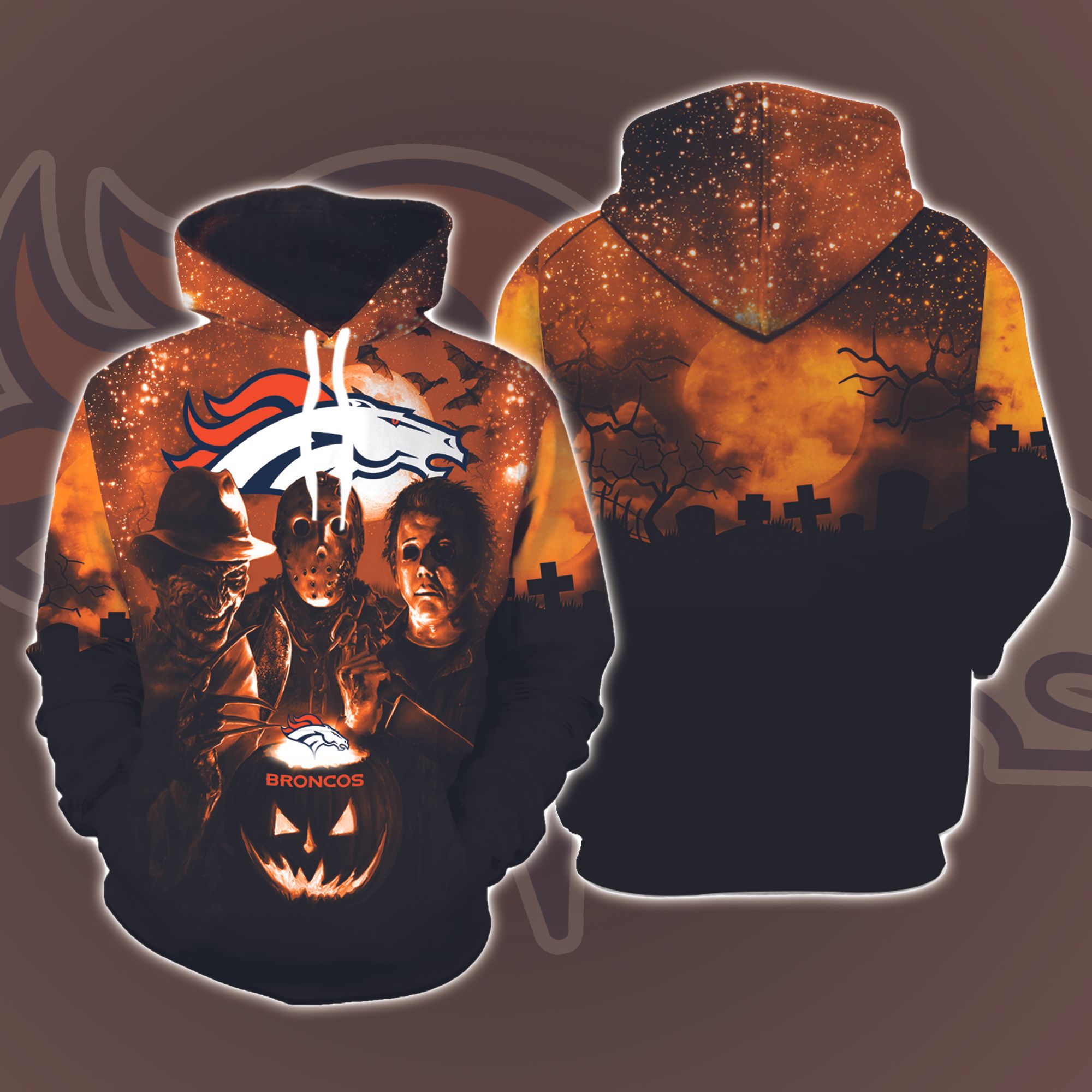 Denver Broncos Halloween and Michael Myers, Jason Voorhees, Freddy Krueger 3D Printed Hoodie