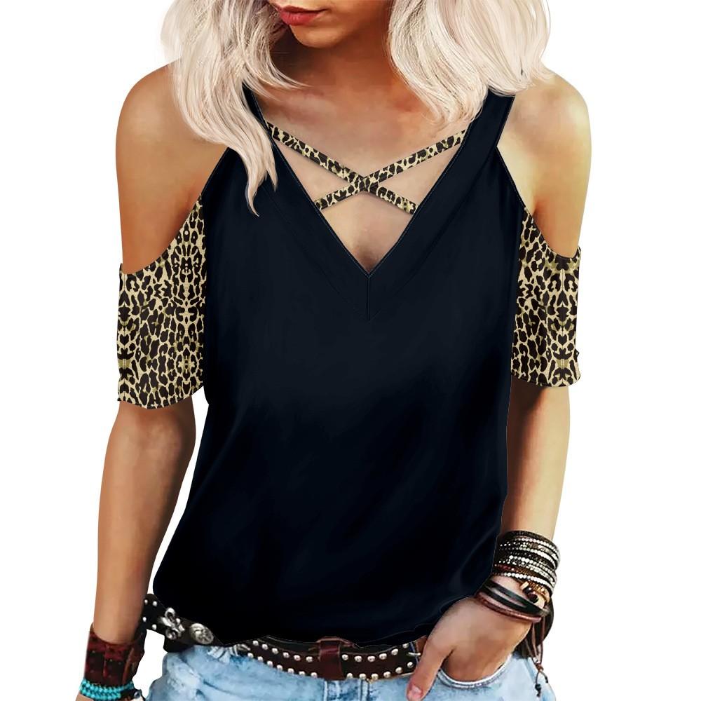 Women’S Leopard Print Off Shoulder Sexy Casual Ladies Short Sleeve Ladies V Neck Strap Digital Print T-Shirt