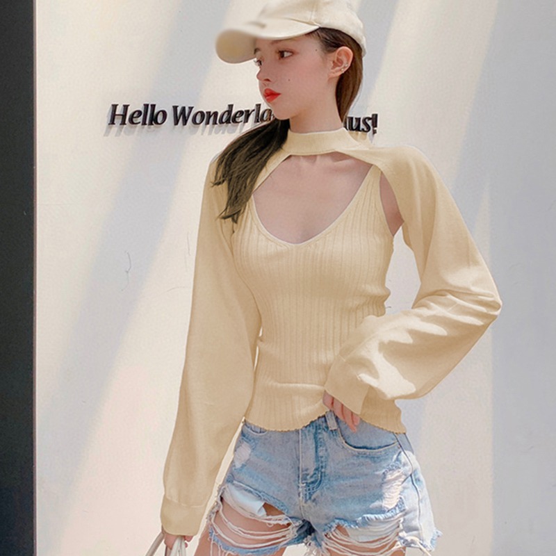 Sweater Two pieces V-Neck Sleeveless Crop Tank Top+Long Sleeve Shirt Women Autumn Korean Japnese Slim Knitted Sweaters alx