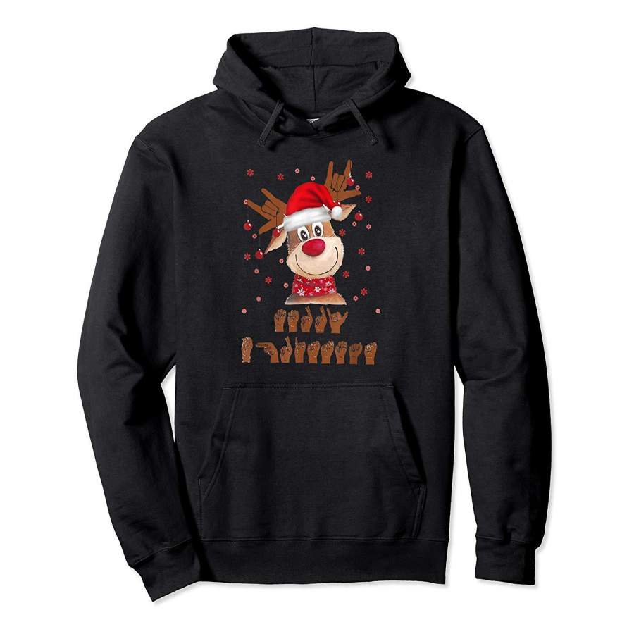 Pride ASL Reindeer Merry Christmas Sign Language Deaf Hoodie