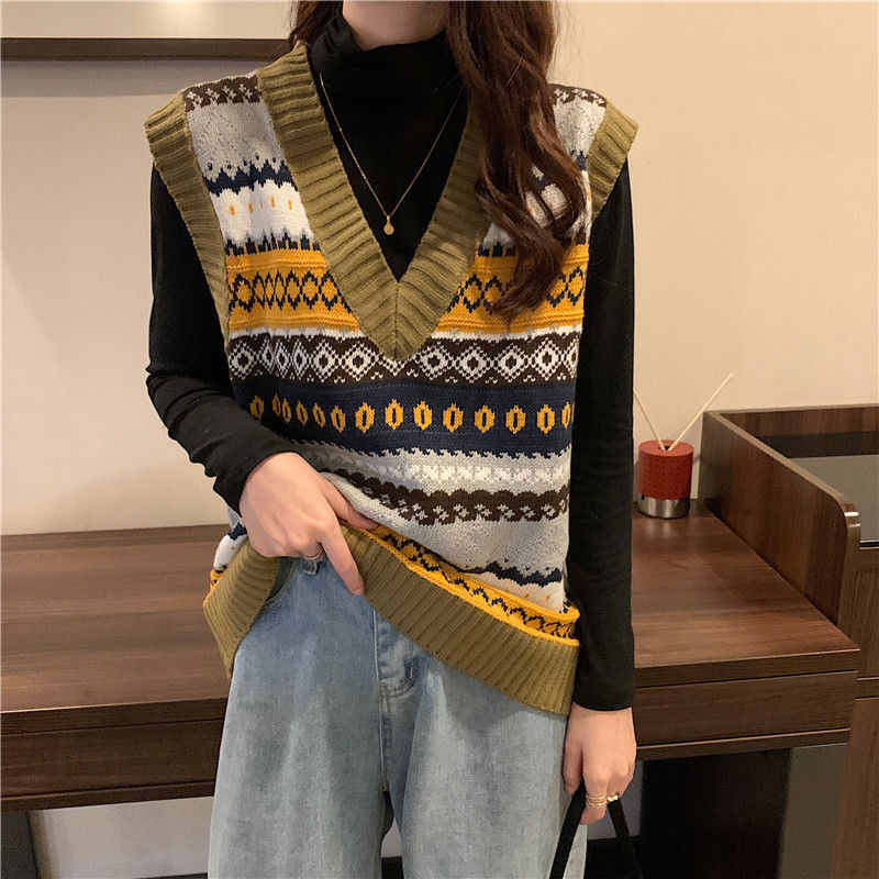 Sweater Vest Women V-neck Knitted All-match Elegant Pattern Retro Vintage Sweaters Mujer Sleeveless Top Ethnic Style New Arrival alx