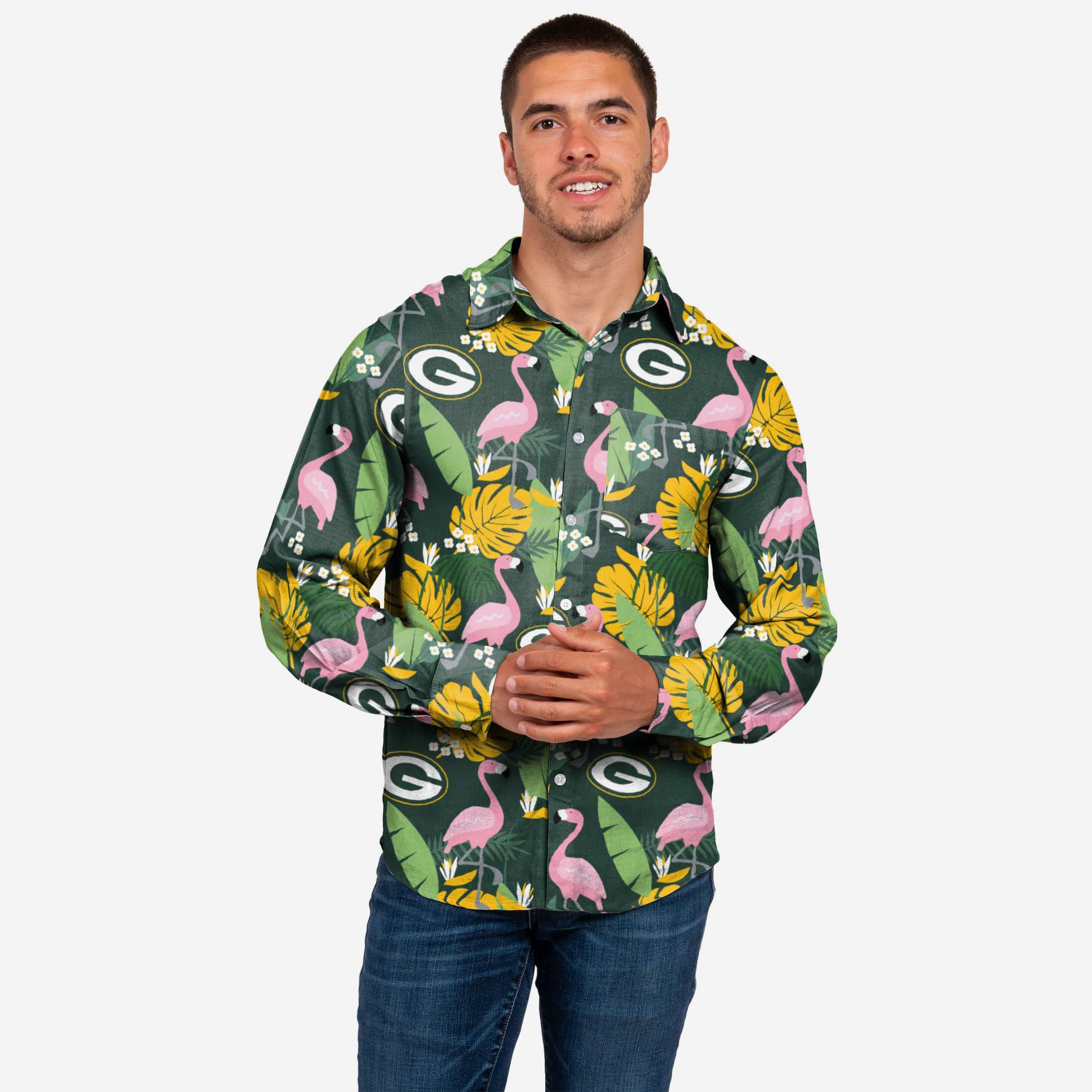 Green Bay Packers Long Sleeve Floral Button Up Shirt