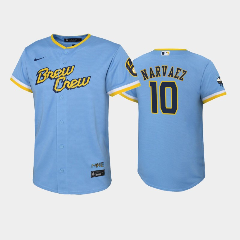 2022-23 City Connect Youth Milwaukee Brewers Omar Narvaez 10 Omar Narvaez Jersey – Powder Blue