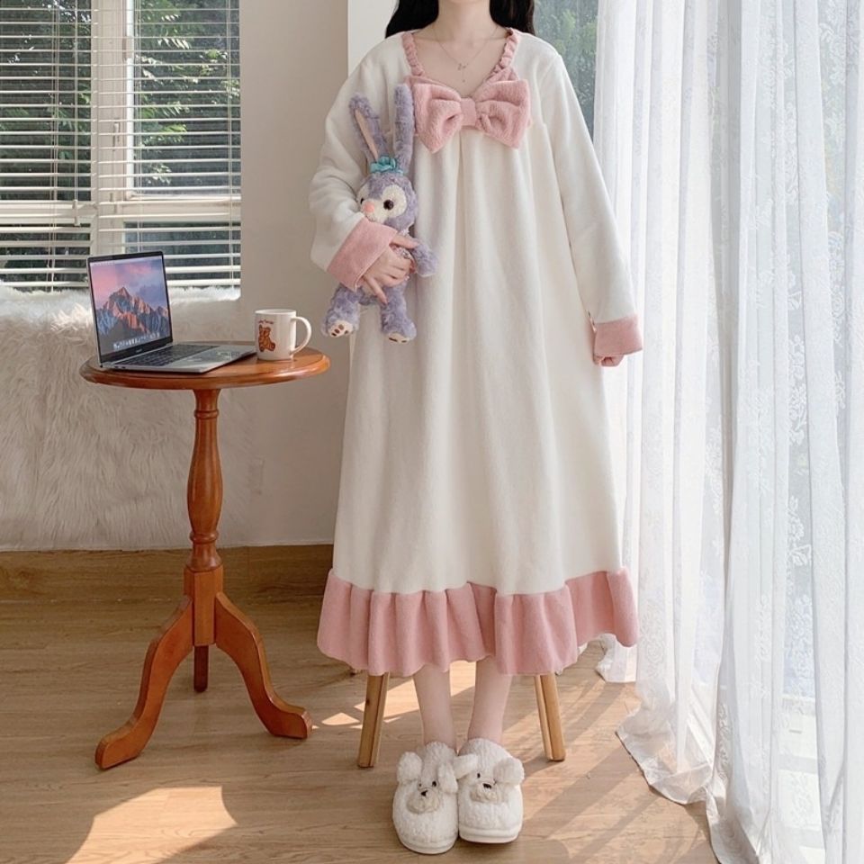 Sweet Cute Long Sleeve Nightgowns Women A-line Nightdress Teenagers Ins Popular Modern Bow Leisure Thermal Simple Japan Homewear alx