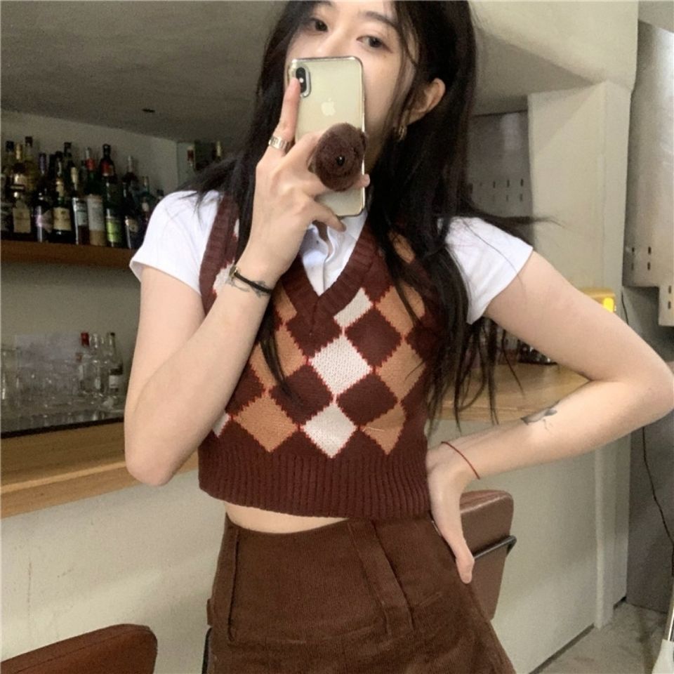 Vintage Panelled Argyle Sweater Vests Women Slender Tender College Students Basic Classic Popular Knitwear Cozy Modern Ulzzang alx