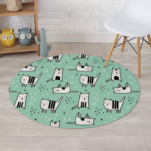 Cute Green Doodle Cat Print Round Rug