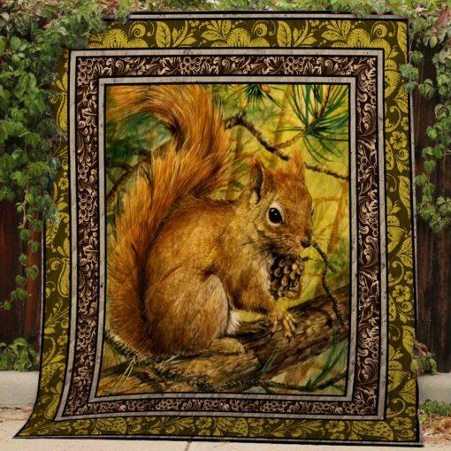 Squirrel On Tree Holding A Cone  Cute Animal  Quilt Blanket