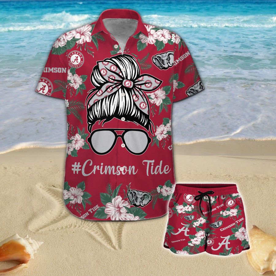 Alabama Crimson Tide Girl Messy Bun Hawaiian Shirt And Shorts 288 L1BTH0440