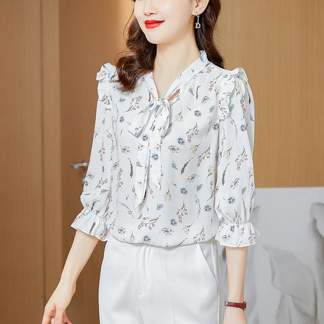 Spring Autumn Chiffon Floral Fashion Aesthetic Top Women Lantern Sleeve Casual Loose Lady Shirt Elegant Flower Female Clothes alx