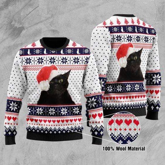 Unifinz Cat Christmas Sweater Black Cat Christmas Pattern White Blue Ugly Sweater 2022