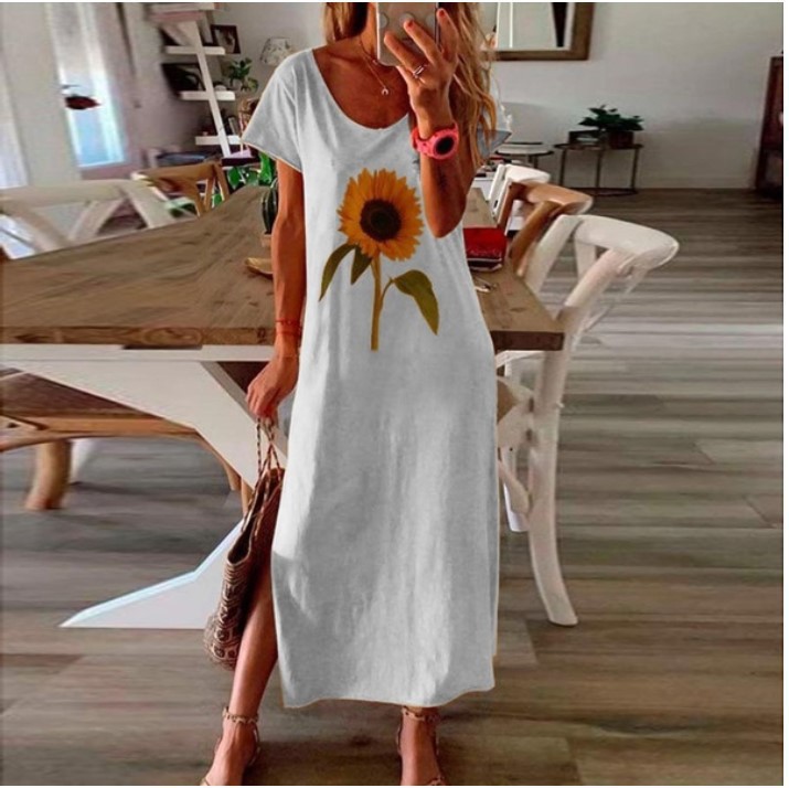 2022 New Plus Size Women Sunflower Dress Casual Ladies Print Side Slit Long Maxi Dress Women Summer Beach Dress Vintage Vestidos alx