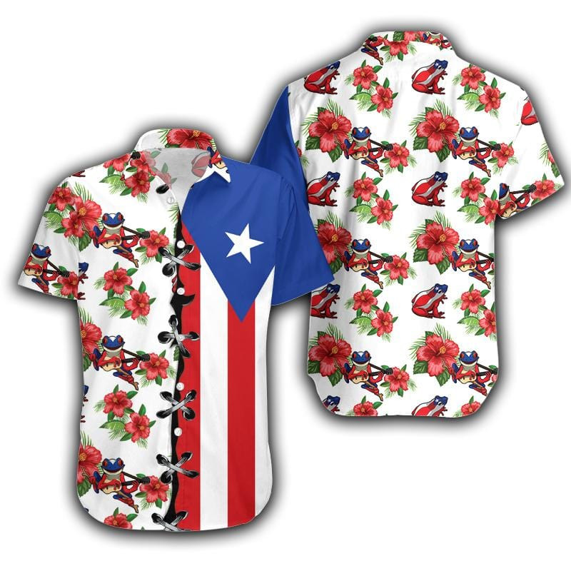 Hawaii Aloha Shirts Puerto Rico Flag Hibiscus Coqui Frog Ha84234