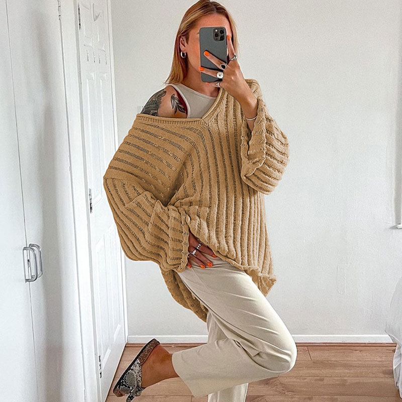 V-Neck Loose Women’s Sweater Flare Long Sleeve Hollow Out Striped Knitted Pullover Tops Winter 2022 Trend Casual Ladies Jumpers alx