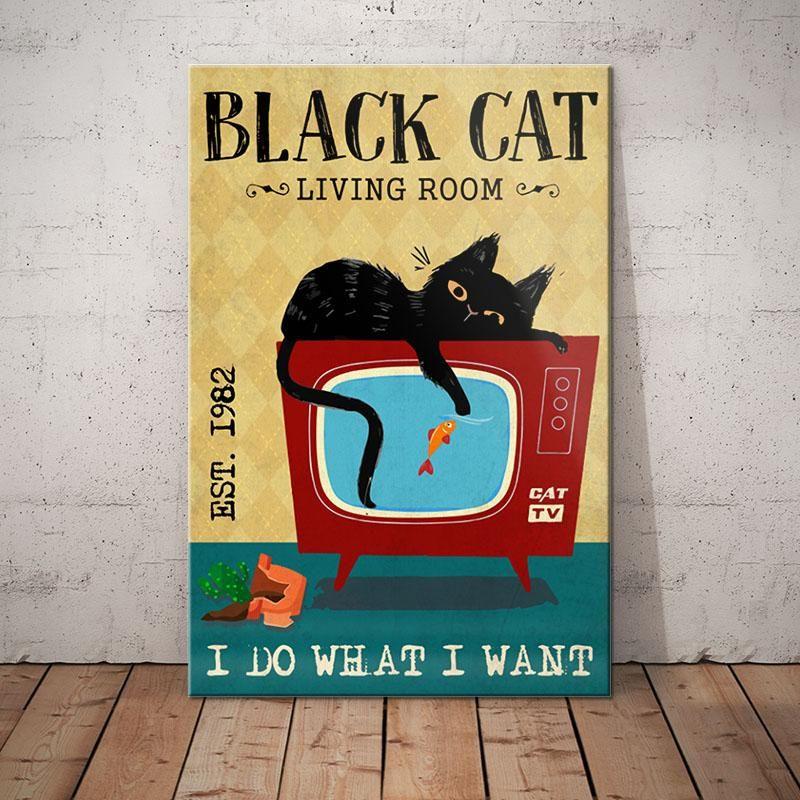 Black Cat Living Room Laundry Room Art Print Bathroom Decor Canvas Home Decor