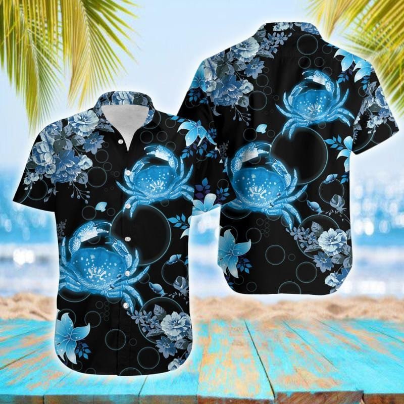 Blue Crab Tropical Black Unisex Hawaii Aloha Shirts Ha41271