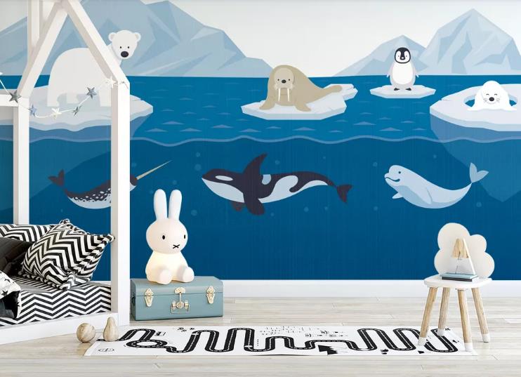 3D Cartoon Sea Penguin Polar Bear Wall Mural Wallpaper Lqh 355