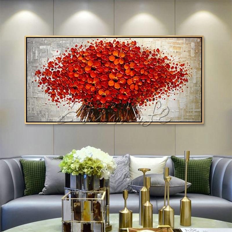 Canvas Oil Painting Cuadros Decoracion Palette Knife 3D Texture Acrylic Red Flower Wall Art Pictures For Living Room Home Decor