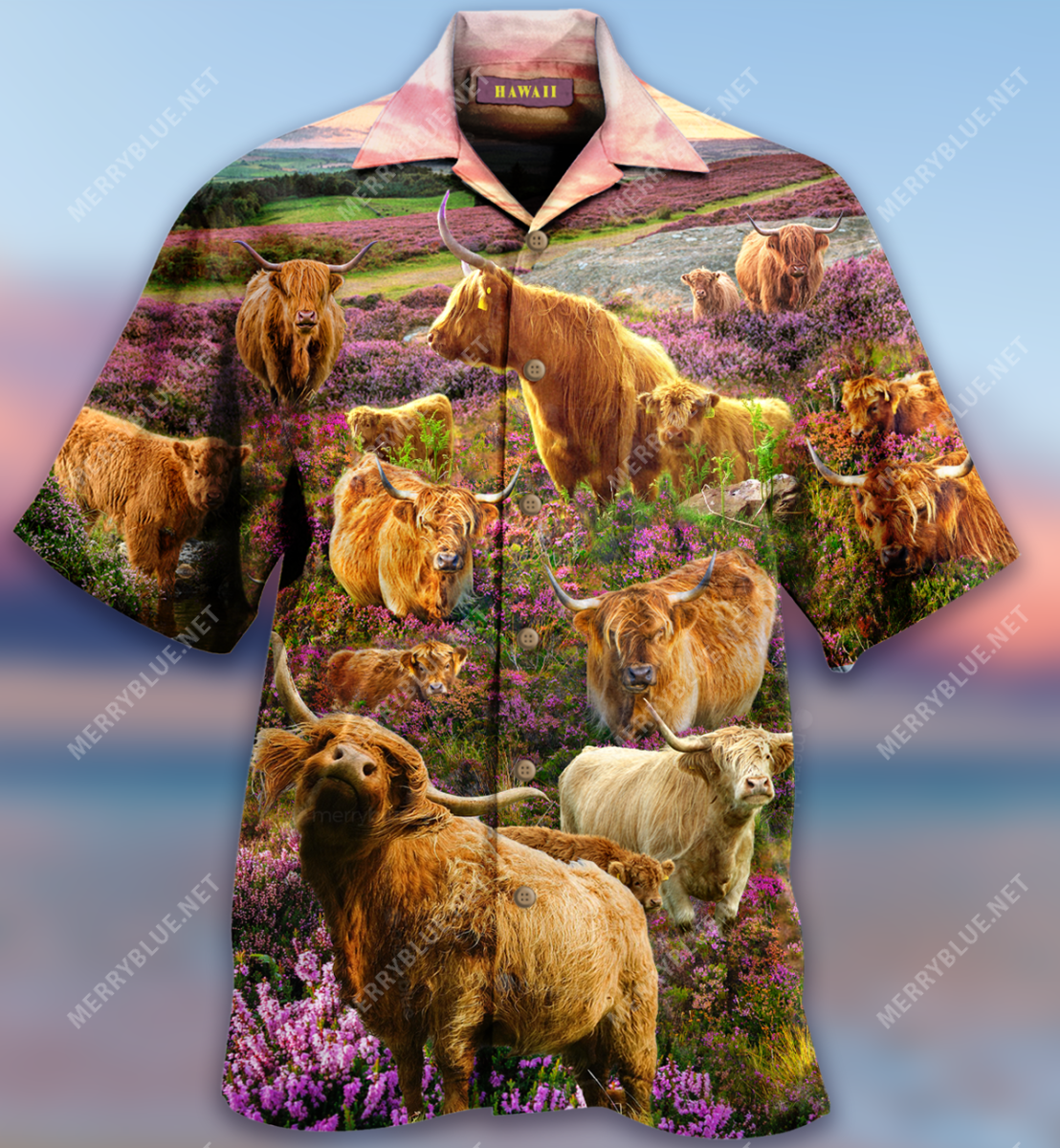 Scottish Highland Cattle In A Blooming Heather Field Unisex Hawaii Shirt Ha46103