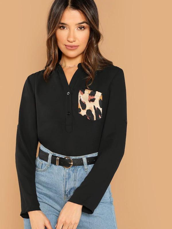 Women Leopard Pocket Patched Curved Hem Shirt