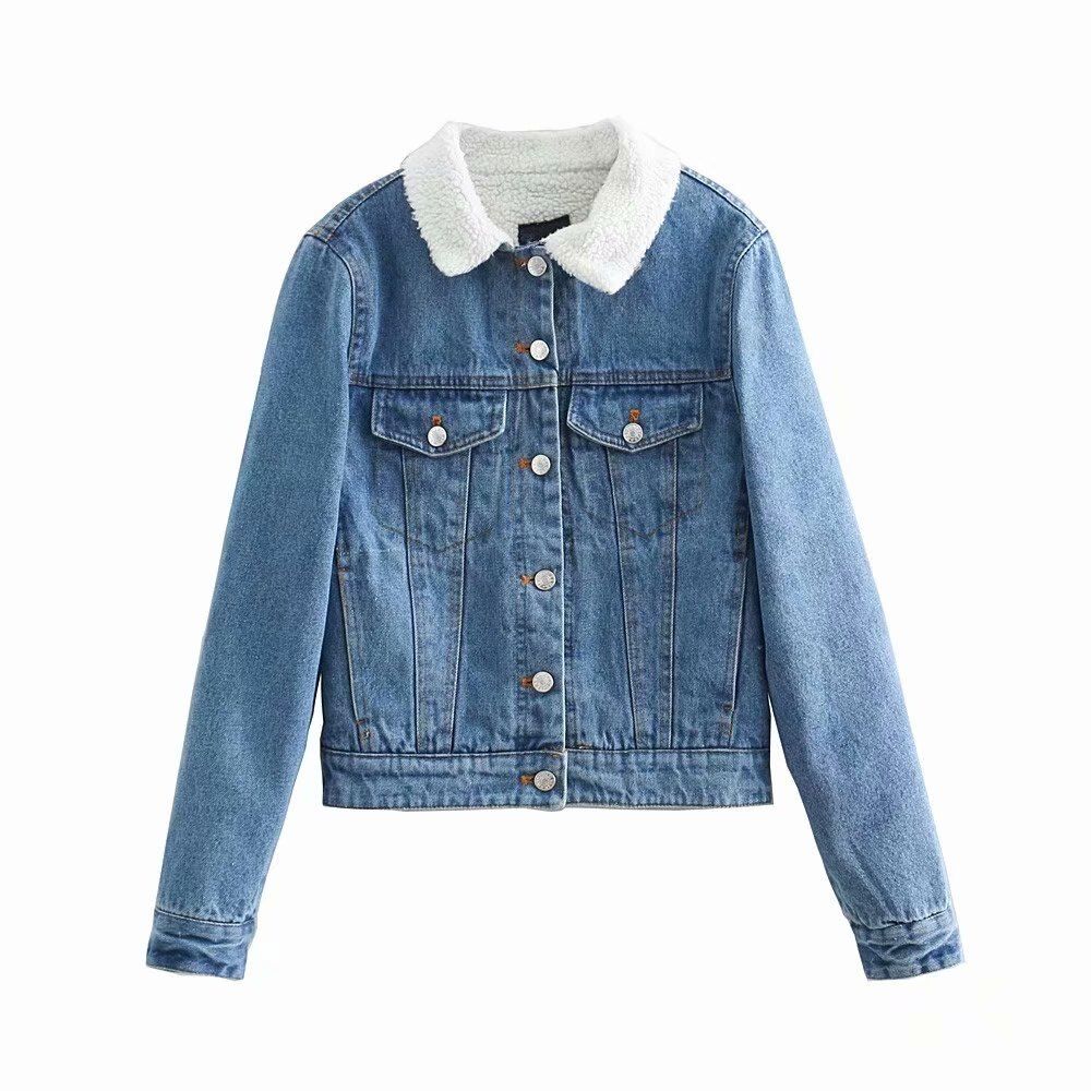 Vintage long sleeve warm loose Denim Short Fleece Jacket