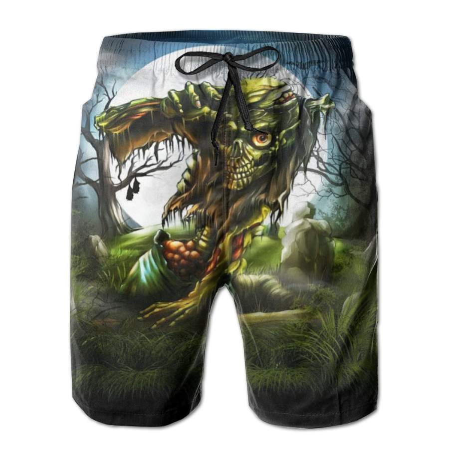 2 Pack Zombie Grave Halloween Poster Men Swim Trunks Drawstring Elastic Waist Quick Dry Beach Shorts with Mesh Lining Swimwear Bathing Suits