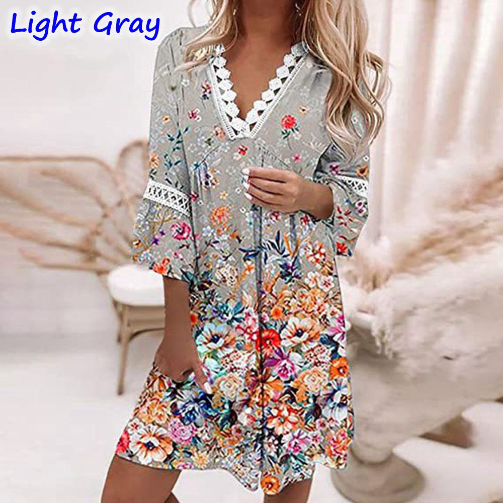 2022 Women Fashion Bohemian Printing V-neck Long Sleeve Floral Lace Stitching Dress Vintage Ethnic Beach Casual Ladies Dresses alx