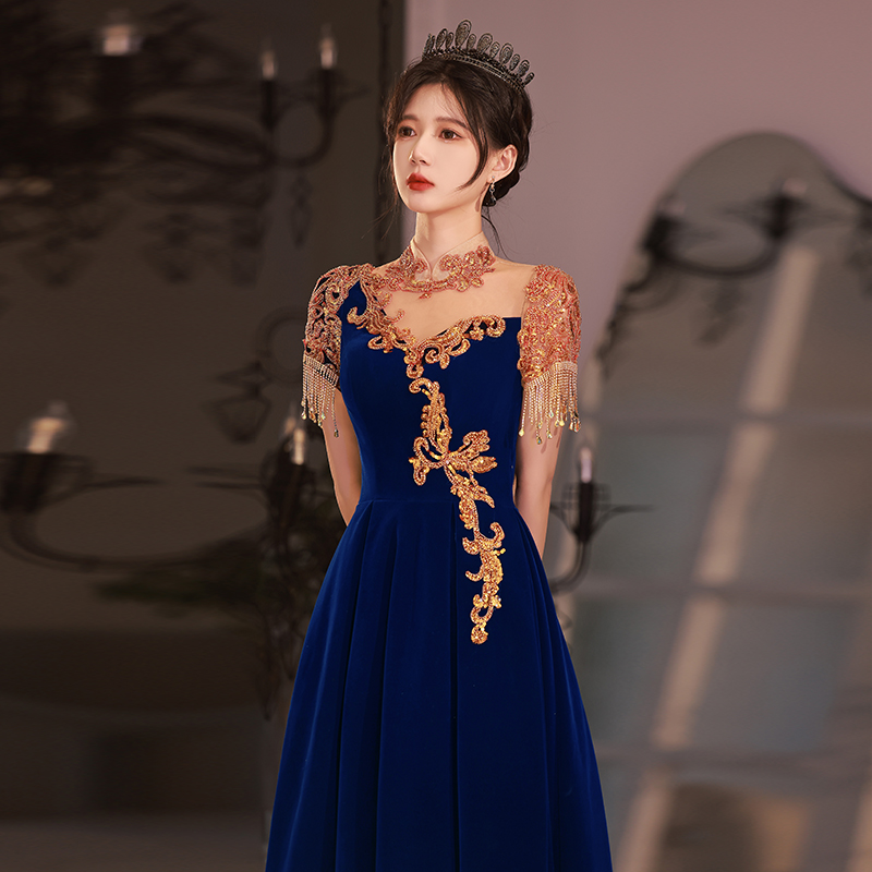 Vintage High Neck Blue Velvet Evening Dresses Long Elegant A-Line Floor-Length Long Women Formal Gowns For Wedding Party alx