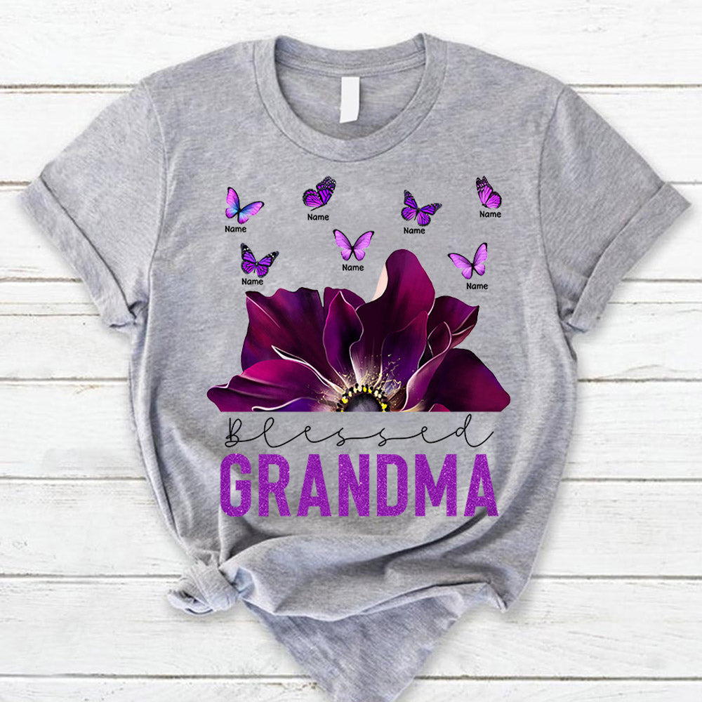 Personalized Anemone Blessed Grandma T Shirt, Butterflies Purple Glitter Shirts For Grandma