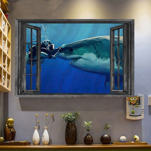 Big shark outside the window Home Living Room Wall Decor Horizontal Poster Canvas G95